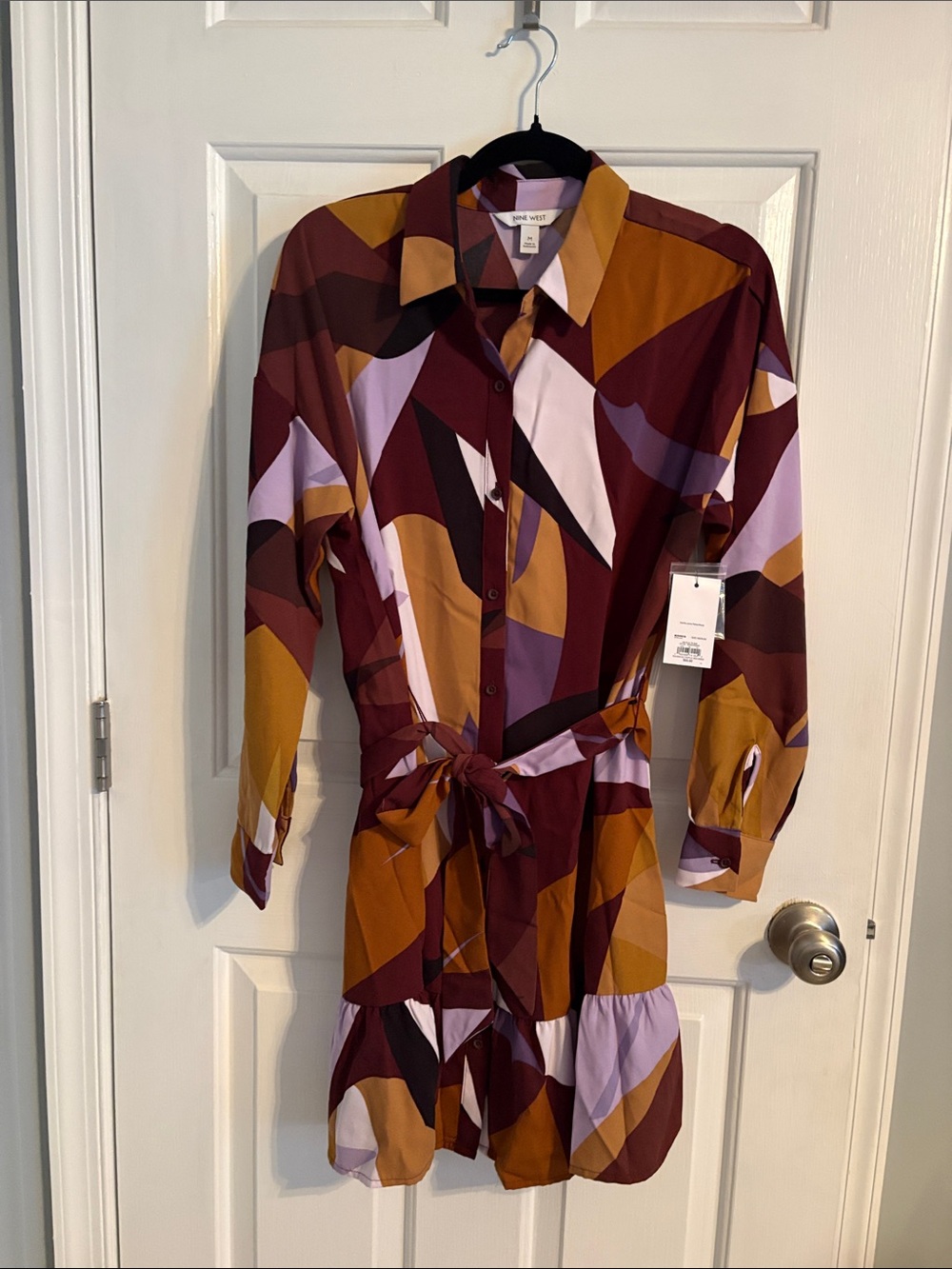 Nine West Burgundy Multi Geometric Tie-Waist Shirt Dress